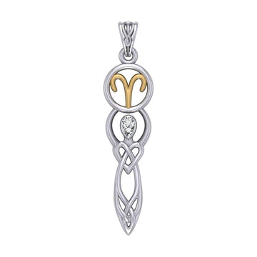 Celtic Goddess Aries Astrology Zodiac Sign Silver and Gold Accents Pendant with White Stone MPD5935 - Jewelry